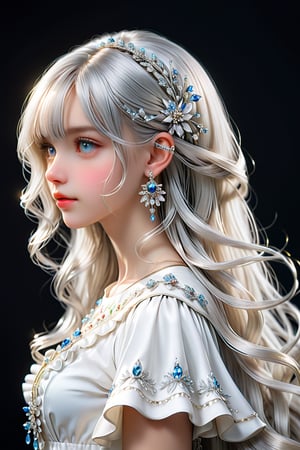 a silver hair girl, portrayed in profile, portrait, delicately rendered but majestically scaled jewelry hair ornament, medium hair, silver hair ornament, beautiful straight hair, bangs, jewelry, earrings. white dress, (masterpiece, top quality, best quality, official art, beautiful and aesthetic:1.2), (1girl:1.4), portrait, extreme detailed, highest detailed, simple background, 16k, high resolution, perfect dynamic composition, (sharp focus:1.2), super wide angle, high angle, high color contrast, medium wide shot, depth of field, blurry background, look at viewer, cinematic lighting, highest detailed eyes, art,DonMM1y4XL,Extremely Realistic