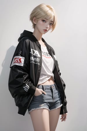 Best quality, masterpiece, ultra high res, (photorealistic:1.4), raw photo, korea girl 22 year old, blond sleek pixie shorts hair style, wearing oversize black jacket bomber m1, shorts bluejeans, white sneaker, solid grey background,鄰家女孩