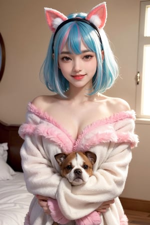 (best quality, masterpiece), 1girl, off shoulder,(softcolored hair:1.3), clutter girl's lovely room, hugging stuffed animal, fluffy hoodie with animal ears, 15 year old, smile, off shoulder, beaming face, FUJI