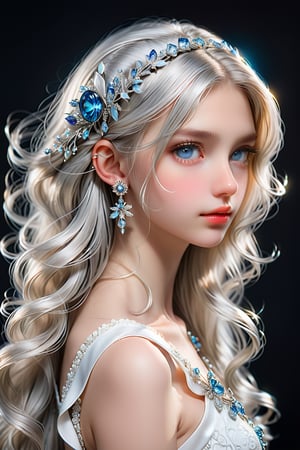 a silver hair girl, portrayed in profile, portrait, delicately rendered but majestically scaled jewelry hair ornament, medium hair, silver hair ornament, beautiful straight hair, bangs, jewelry, earrings. white dress, (masterpiece, top quality, best quality, official art, beautiful and aesthetic:1.2), (1girl:1.4), portrait, extreme detailed, highest detailed, simple background, 16k, high resolution, perfect dynamic composition, (sharp focus:1.2), super wide angle, high angle, high color contrast, medium wide shot, depth of field, blurry background, look at viewer, cinematic lighting, highest detailed eyes, art,DonMM1y4XL,Extremely Realistic