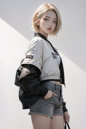 Best quality, masterpiece, ultra high res, (photorealistic:1.4), raw photo, korea girl 22 year old, blond sleek pixie shorts hair style, wearing oversize black jacket bomber m1, shorts bluejeans, white sneaker, solid grey background,