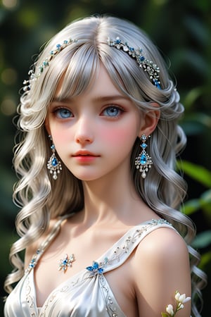 a silver hair girl, portrait, delicately rendered but majestically scaled jewelry hair ornament, medium hair, silver hair ornament, beautiful straight hair, bangs, jewelry, earrings. white dress, (masterpiece, top quality, best quality, official art, beautiful and aesthetic:1.2), (1girl:1.4), portrait, extreme detailed, highest detailed, simple background, 16k, high resolution, perfect dynamic composition, (sharp focus:1.2), super wide angle, high angle, high color contrast, medium wide shot, depth of field, blurry background, look at viewer, cinematic lighting, highest detailed eyes, DonMM1y4XL,Extremely Realistic