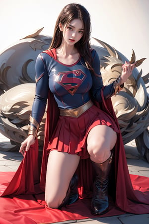 Supergirl, Red knee-high heel boots, Supergirl's tight uniform, Red miniskirt, The red cloak, White background, Whole body, Giant chests, Chinese girl, full body, Squatting on the ground masturbating,Red knee-high heel boots,Supergirl even wears the system.