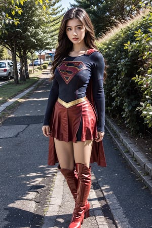 1girl, long black hair,supergirl,wearing Supergirl's blue tight uniform,perfect,red Boots higher than knees,Red miniskirt,Red long cape,full body,Bright colors,Bright red Boots, red miniskirt,Huge chest,Boots over the knee,Clothes are tied to skirts,Red miniskirt,Female model posen,Red over-the-knee pointed high-heeled boots,full body,Stand in the middle of the road,full body,tall girl,long boots,Red long cape,broad daylight,Boots longer than legs,Chinese supergirl,18years old