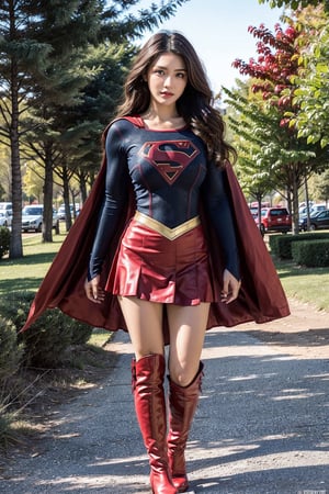 1girl, long black hair,supergirl,wearing Supergirl's blue tight uniform,perfect,red Boots higher than knees,Red miniskirt,Red long cape,full body,Bright colors,Bright red Boots, red miniskirt,Huge chest,Boots over the knee,Clothes are tied to skirts,Red miniskirt,Female model posen,Red over-the-knee pointed high-heeled boots,full body,Running in the city,full body,tall girl,long boots,Red long cape,Boots longer than legs,Chinese supergirl,18years old,Don't show belly,Extremely long tip boots,red skirt,full body,supergirl's tight suit,One-handed waist,Model's posture,The bullet bounced back on the body,can't show your knees,can't show belly button,Must be a long red cloak and a red miniskirt,Boots must exceed the knee.