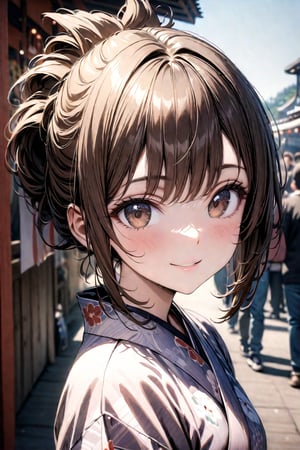 masterpiece,best quality,high quality,absurdres,highres,beautiful face,HDR,RAW photo,4k,super fine illustration,extremely detailed CG unity 8k wallpaper,clear picture,1 girl,teenage,smile,bronze hair,folded ponytail,dark brown eyes,flower pattern kimono,shiny skin,outdoors,festival,face focus, scenery