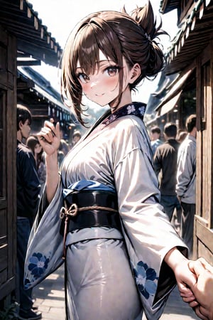 masterpiece,best quality,high quality,absurdres,highres,beautiful face,HDR,RAW photo,4k,super fine illustration,extremely detailed CG unity 8k wallpaper,clear picture,1 girl, side view,looking at viewer,1boy,(holding hand),teenage,smile,bronze hair,folded ponytail,dark brown eyes,flower pattern kimono,white kimono,floral collar,shiny skin,outdoors,festival,scenery