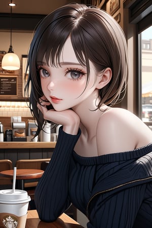 (masterpiece), top quality, 8K,best quality,ultra-realistic,high resolution, high definition, extremely detailed, photorealistic, smooth skin,detailed skin,detailed face,pale skin,1girl, ((solo)),cafe