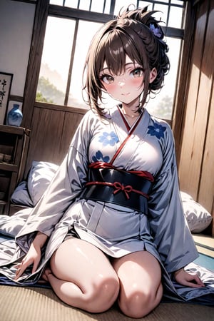 masterpiece,best quality,high quality,absurdres,highres,beautiful face,HDR,RAW photo,4k,super fine illustration,extremely detailed CG unity 8k wallpaper,clear picture,1 girl,full body,teenage,smile,bronze hair,folded ponytail,dark brown eyes,flower pattern kimono,white kimono,floral collar,shiny skin,indoors,scenery,Japanese style room,futon