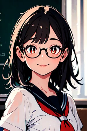 (masterpiece), absurdres ,top quality, best quality, highres,high resolution, high definition, extremely detailed, HDR, 4K, extremely detailed CG ,detailed face,smooth skin,detailed skin ,smooth skin,detailed skin, 1girl ,kawaii,cute face, ((face focus)),student,short black hair,glasses,beautiful eyes,bright pupils , pale skin,school uniform , short sleeve ,smile, small breasts,high school ,classroom