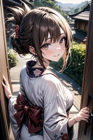 masterpiece,best quality,high quality,absurdres,highres,beautiful face,HDR,RAW photo,4k,super fine illustration,extremely detailed CG unity 8k wallpaper,clear picture,1 girl, back view,hand on door,teenage,smile,bronze hair,folded ponytail,dark brown eyes,flower pattern kimono,white kimono,floral collar,shiny skin,outdoors,scenery,((enter Japanese style inn))