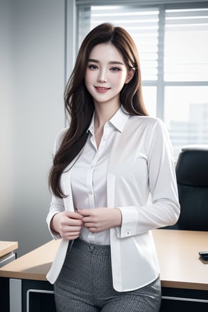 (masterpiece), top quality, 8K,best quality,ultra-realistic,high resolution, high definition, extremely detailed, smooth skin,detailed skin,detailed face,pale skin,1girl,office,cowboy_shot,suit,(shirt),smile