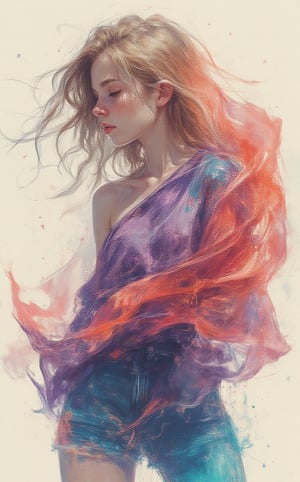 A stunning illustration of a young alluringly beauty woman standing gracefully, wearing an oversized sweater with one shoulder exposed, rendered in the bold, textured brushstrokes of Leonid Afremov combined with the fluidity of ink washing. The sweater is painted vibrant colors, cyan, purples, coral and oranges, sweeping fabric is caught in the wind, swirling around her in expressive, high contrast, thick strokes of paint. The flowing material dances through the air, creating a sense of dynamic motion and energy. The vibrant ink brings a subtle, ethereal quality to the swirling fabric, blending into soft, flowing gradients.The background is minimal, allowing the vibrant sweater and soft ink washes to stand out, as the combination of the great artist Afremov’s energetic style.