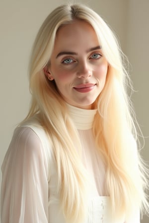 Hyperrealistic photo of Billie Eilish with longblonde hair wearing a white high-neck dress, captured with a Canon EOS 90D in stunning high resolution. The image is illuminated by soft natural light, highlighting the intricate details of the dress. Greg Rutkowski's signature style is evident, with a close-up shot framing her face and upper body, capturing her expressive eyes and subtle smile. The background is a minimalist, neutral tone to keep the focus on the subject. High resolution, glow skin, 8k details, ceramic skin.