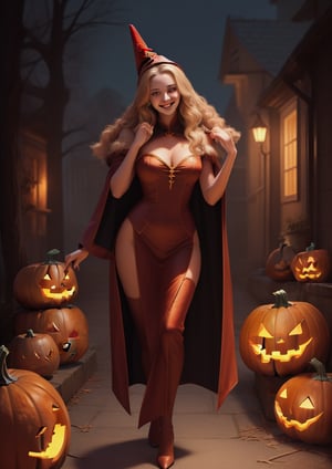 A stunning illustration of a young alluringly beauty woman standing gracefully, wearing an oversized wizard costume, walking hand in hand with a happy holloween pumpkin, 