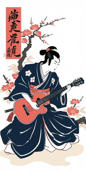 Create an image of a samurai portrayed in the style of ancient nihonga painting while playing the electric guitar. Capture the fusion of tradition and modernity in the artwork. Use a subtle lighting style to enhance the details. T-shirt design graphic, vector, outline, white background.

