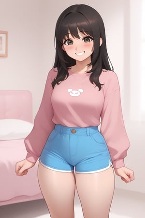 girl with long black hair and brown eyes, wearing a pink long sleeve shirt and blue shorts,smiling and blushing