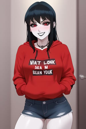 girl with long black hair, wearing a red sweatshirt, a blue jean,smiling blushing,goth make up