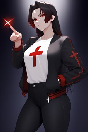 girl with long black hair, wearing a white t-shirt, black jacket with red details, black pants, holding a red luminous led cross, on a dark background and pointing