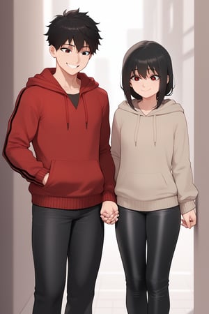 flat girl with long black hair, wearing brown sweater and black pants, shy smile
with a boy with black hair, a red hooded jacket and black pants, smiling, holding hands