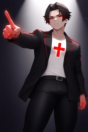 boy with black hair, wearing a white t-shirt, black jacket with red details, black pants, holding a red luminous led cross, on a dark background and pointing