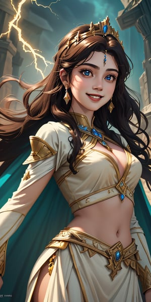 women,beautiful face, smiling , divine goddess,2 piece outfit  ,beauty ,elagant traditional princess ,fantasy battlefield,lighting magic,cinematic .masterpiece high res ,detailed, 3k 