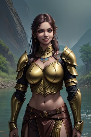 Women,  smiling, beautiful detailed face, tribal warrior , golden leather armour  , 2 piece outfit, slim fit, busty , fighting,, dark dragon, on ruined river bed,  fantasy, cinematic, 6k , masterpiece,photo realistic,Masterpiece,score_9