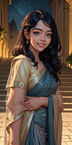 women,beautiful face, smiling , sari, castle, lighting magic,cinematic .masterpiece high res ,detailed, 3k 