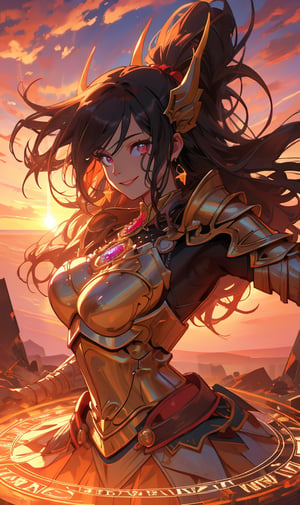 woman, beauty , smiling  , ,warrior , armour ,, magic circle in background  ruined  battle  , sunset ,horizon apocalyptic ,,fantasy , masterpiece , sharp eyes, detailed,highres, realistic, jewelry,anime ,detailed 2k, masterpiece