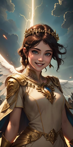 women,beautiful face, smiling , divine goddess,battlefield,lighting magic,cinematic .masterpiece high res ,detailed, 3k 