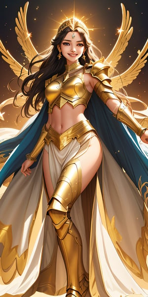 A radiant divine goddess stands victorious on a fantasy battlefield, her beautiful face aglow with a warm smile. She wears an elegant 2-piece outfit, shining like polished armor in the soft, golden lighting of magic. Her beauty is breathtakingly detailed, as if rendered in high-res glory at 3K resolution.