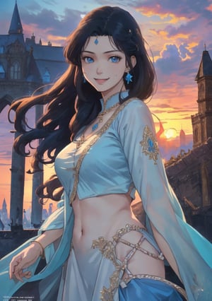woman, beauty , smiling , .divine magic ,blue elegant outfit dancer ,,   castle, sunset, ,,fantasy , masterpiece , sharp eyes, detailed,highres, realistic, jewelry,anime ,detailed face , 8k, masterpiece,anime
