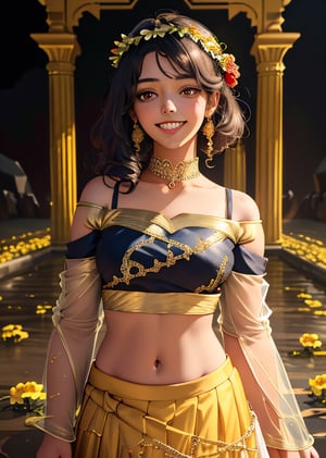 solo ,women,beautiful face, smiling , hot, lehenga,white blouse ,glistening golden border, net sleeves, cold shoulder,red skirt, hand work,flower design on skirt, garland over head, flower crown, , ,dark lighting, ,battlefield,dark magic,standing pose, cinematic .masterpiece high res ,detailed, 8k 