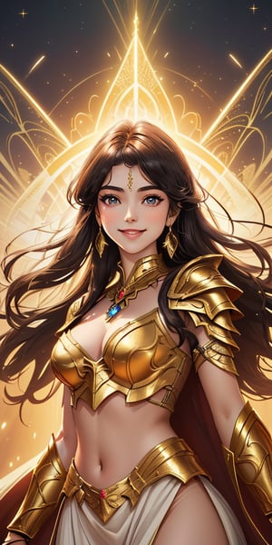 A radiant divine goddess stands victorious on a fantasy battlefield, her beautiful face aglow with a warm smile. She wears an elegant 2-piece outfit, shining like polished armor in the soft, golden lighting of magic. Her beauty is breathtakingly detailed, as if rendered in high-res glory at 3K resolution.