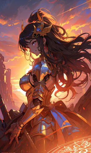 woman, beauty , smiling  , ,warrior , armour ,, magic circle in background  ruined  battle  , sunset ,horizon apocalyptic ,,fantasy , masterpiece , sharp eyes, detailed,highres, realistic, jewelry,anime ,detailed 2k, masterpiece