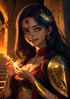 women, ksravanii,beautiful face, smiling 2 piece sorceress, beast crest ,lighting hands, dark magic, sunset, castle, ,lighting magic,cinematic .masterpiece high res ,detailed, 3k ,