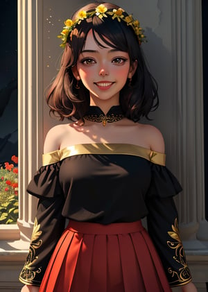 solo ,women,beautiful face, smiling , hot, black top,glistening golden border, net sleeves, cold shoulder,red skirt, hand work,flower design on skirt, garland over head, flower crown, , ,dark lighting, ,battlefield,dark magic,standing pose, cinematic .masterpiece high res ,detailed, 8k 