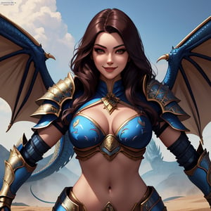 lalithat,woman ,detailed,beautiful face, beautiful,blue dragon armour ,busty ,sexynavel smiling for picture, battlefield ,  ,masterpiece, highres,detailed, , ,Masterpiece 
