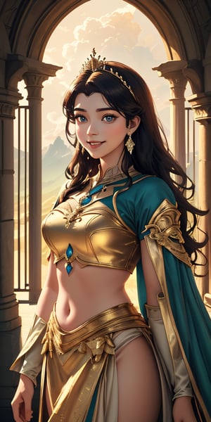 A majestic, elegant traditional princess stands proudly on a fantasy battlefield, her beautiful face radiating with a divine goddess-like smile. She wears a stunning 2-piece outfit, exuding beauty and poise as she surveys the mystical landscape. Soft, golden lighting imbues the scene with magic, while detailed textures and 3K resolution render every aspect of this cinematic masterpiece in high definition.