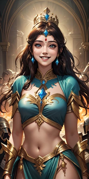 women,beautiful face, smiling , divine goddess,2 piece outfit  ,beauty ,elagant traditional princess ,fantasy battlefield,lighting magic,cinematic .masterpiece high res ,detailed, 3k 