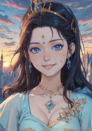 woman, beauty , smiling , .divine magic ,blue elegant outfit princess,,   castle, sunset, ,,fantasy , masterpiece , sharp eyes, detailed,highres, realistic, jewelry,anime ,detailed face , 8k, masterpiece,anime