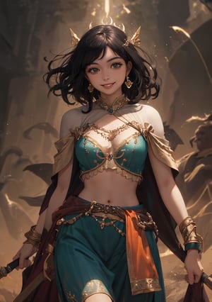 woman, beauty, smiling, hot, goddess, divine warrior,,2piece outfitt, lighting magic,realistic , fantasy , ciematic masterpiece , 8k , high res