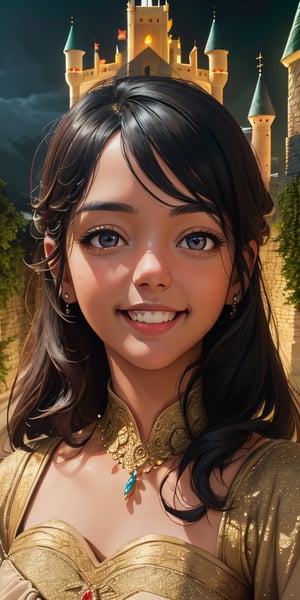 women,beautiful face, smiling , sari, castle, lighting magic,cinematic .masterpiece high res ,detailed, 3k 