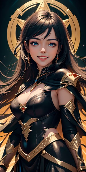 A radiant divine sorceress stands victorious on a fantasy battlefield, her beautiful face aglow with a warm smile. She wears an elegant 2-piece black dress shining radiating dark magic  , weilding lighting . Her beauty is breathtakingly detailed, as if rendered in high-res glory at 3K resolution.