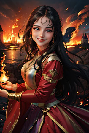  woman,,beautiful face ,smiling , warrior  ,beauty, sunset , castle, magic ,lighting, fire ,picture ,fantasy cinematic .masterpiece ,high res,