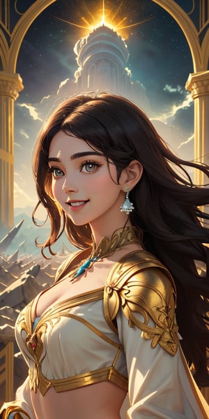 A majestic, elegant traditional princess stands proudly on a fantasy battlefield, her beautiful face radiating with a divine goddess-like smile. She wears a stunning 2-piece outfit, exuding beauty and poise as she surveys the mystical landscape. Soft, golden lighting imbues the scene with magic, while detailed textures and 3K resolution render every aspect of this cinematic masterpiece in high definition.