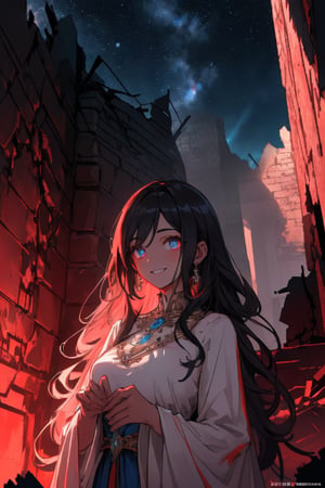 In a ravaged apocalyptic landscape, a stunning blue sorceress stands amidst the ruins of a once-majestic castle, bathed in the soft glow of the night sky. Her divine magic radiates from her sharp, piercing eyes as she smiles serenely, adorned with intricate jewelry and boasting a face so detailed it seems almost lifelike. The ruined castle's crumbling walls serve as a haunting backdrop for this 8K masterpiece, rendered in breathtaking high-resolution detail.