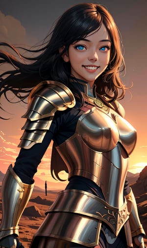 woman, sadiyaa, beauty , smiling  , ,warrior , armour ,, magic circle in background  ruined  battle  , sunset ,horizon apocalyptic ,,fantasy , masterpiece , sharp eyes, detailed,highres, realistic, jewelry,anime ,detailed 2k, masterpiece