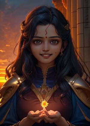 women, ksravanii,beautiful face, smiling 2 piece sorceress, beast crest ,lighting hands, dark magic, sunset, castle, ,lighting magic,cinematic .masterpiece high res ,detailed, 3k ,