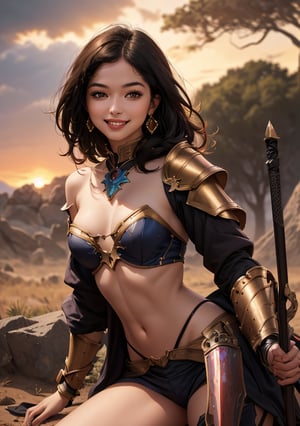 woman,,beauty, smiling, hot, 2piece ,armour,warrior ,off shoulder, lighting mage, sunset, realistic , fantasy , ciematic masterpiece , 8k , high res